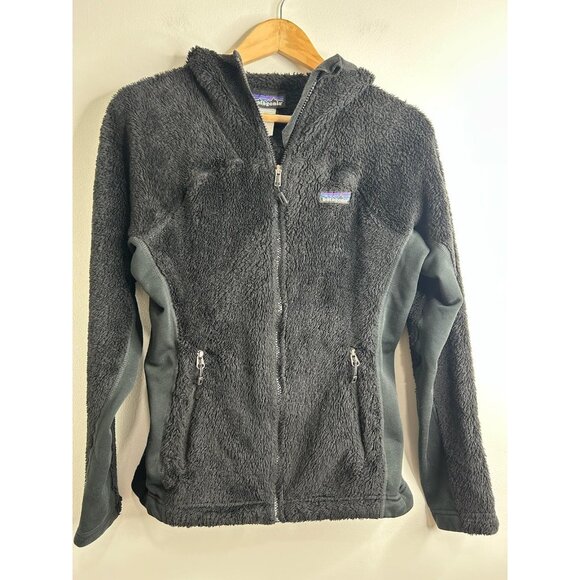 Patagonia Hooded Fleece Jacket Womens M Black Full Zip Sherpa High Pile Warm - Picture 1 of 9